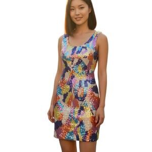 Vintage 90s Y2K Rainbow Multi Colored Sequin NADINE Mini Cocktail Prom Dress P/4
